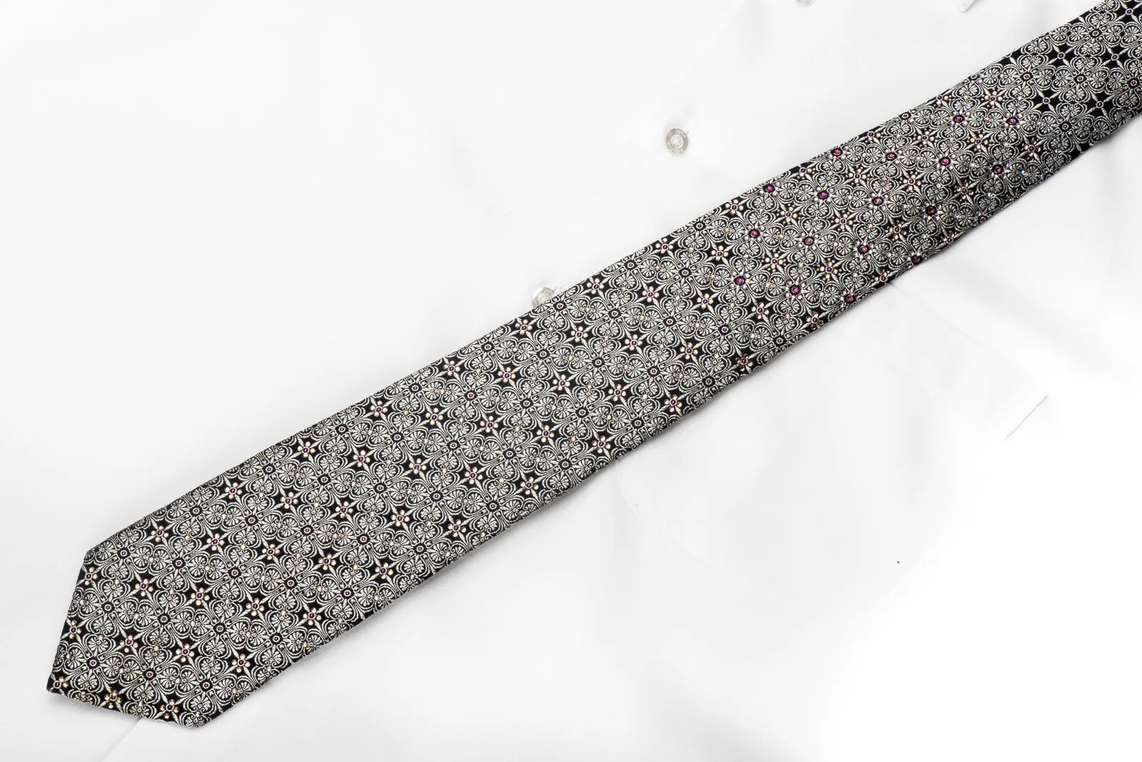 Renoma Men's Crystal Rhinestone Necktie Silver Cartouche On Black Silk With Silver Sparkles