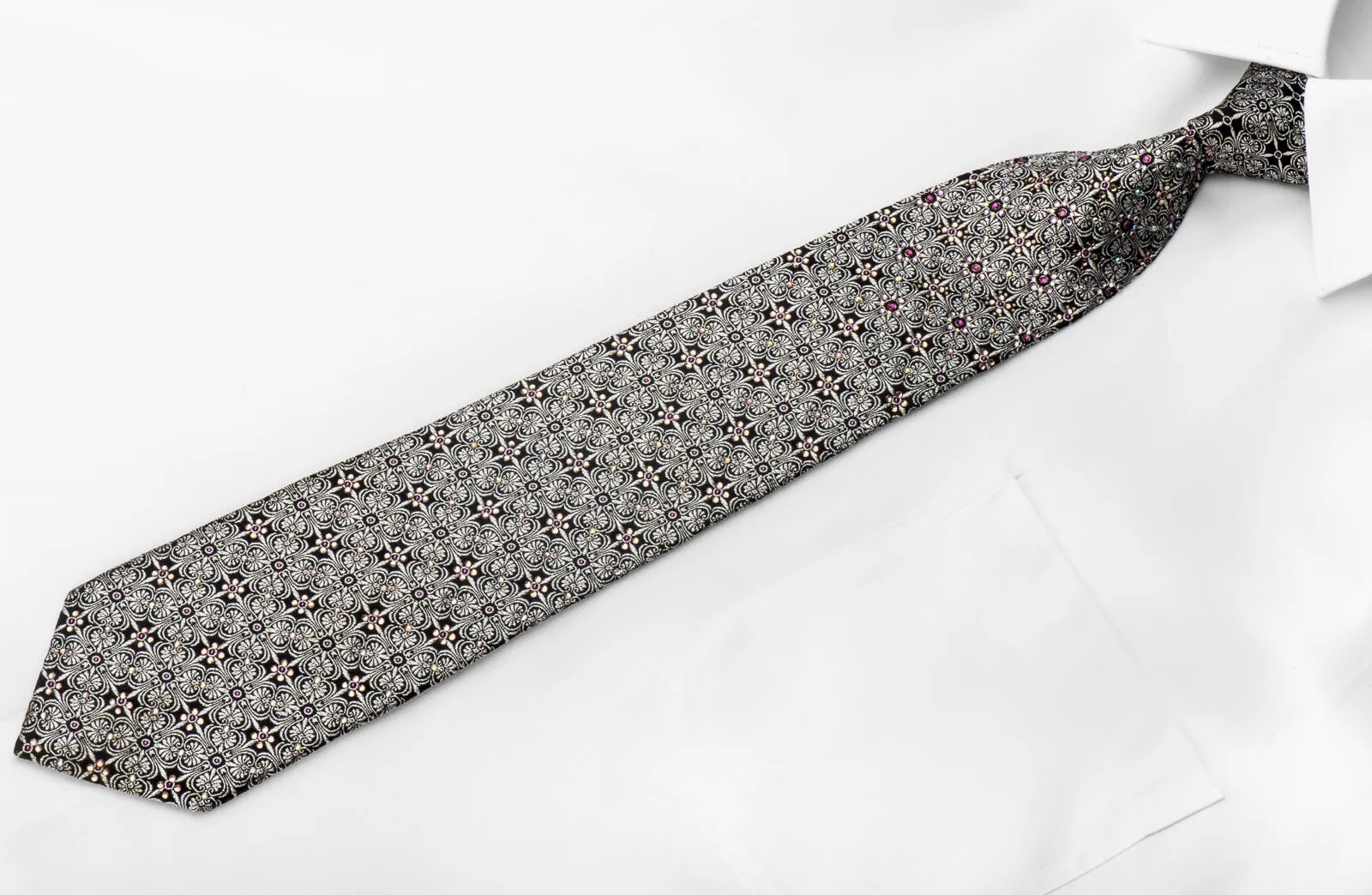 Renoma Men's Crystal Rhinestone Necktie Silver Cartouche On Black Silk With Silver Sparkles