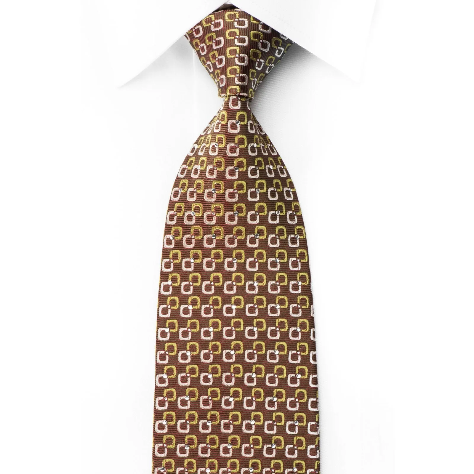Rhinestone Necktie Green Geometric On Brown With Silver Sparkles