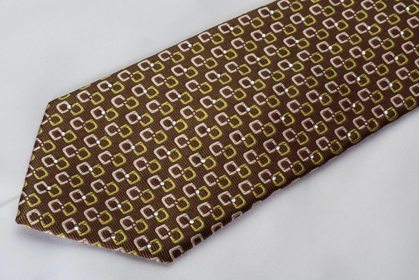 Rhinestone Necktie Green Geometric On Brown With Silver Sparkles
