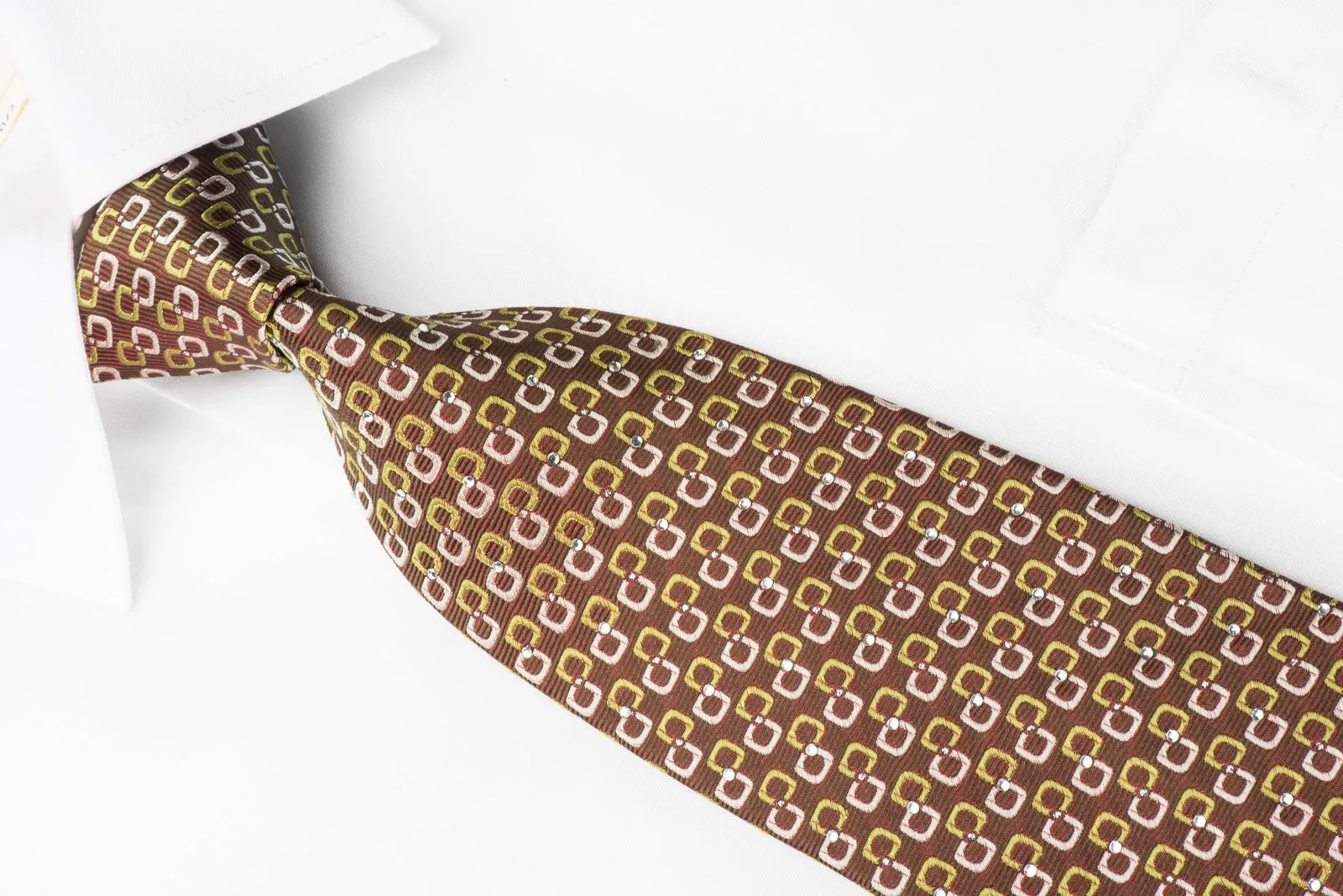 Rhinestone Necktie Green Geometric On Brown With Silver Sparkles