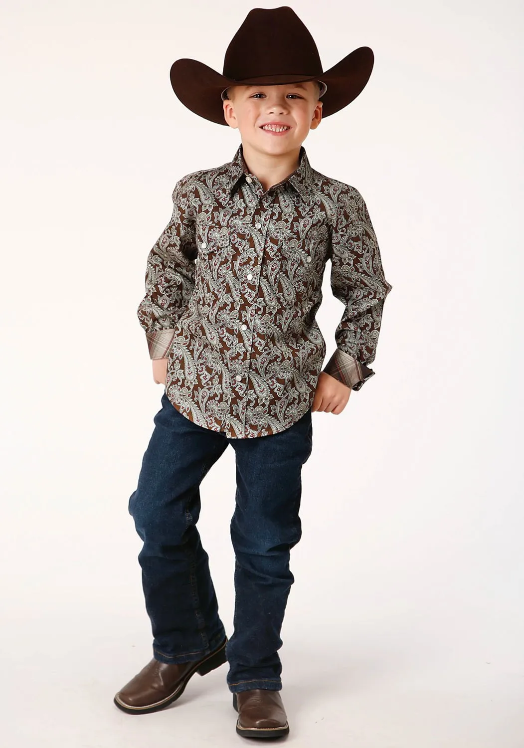 Roper Boys Kids Green 100% Cotton Pine Paisley L/S Shirt L