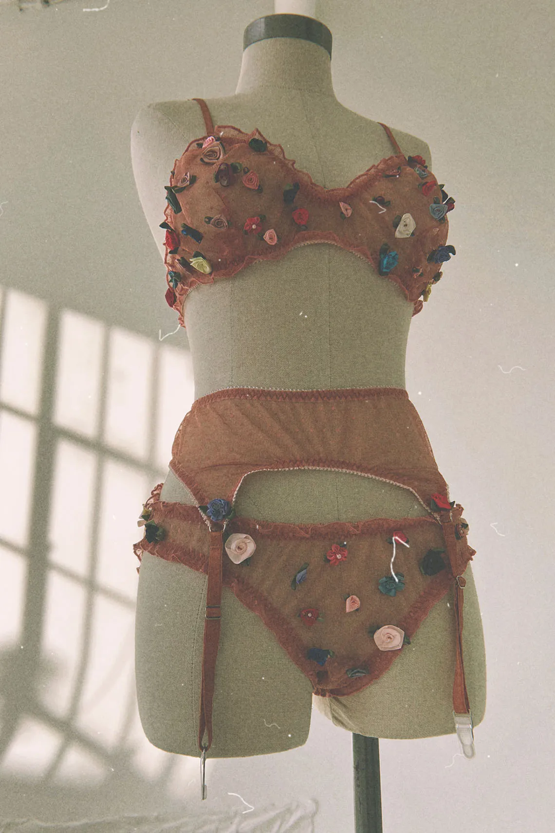 Rosette Garter Belt in Swiss Dot Mesh