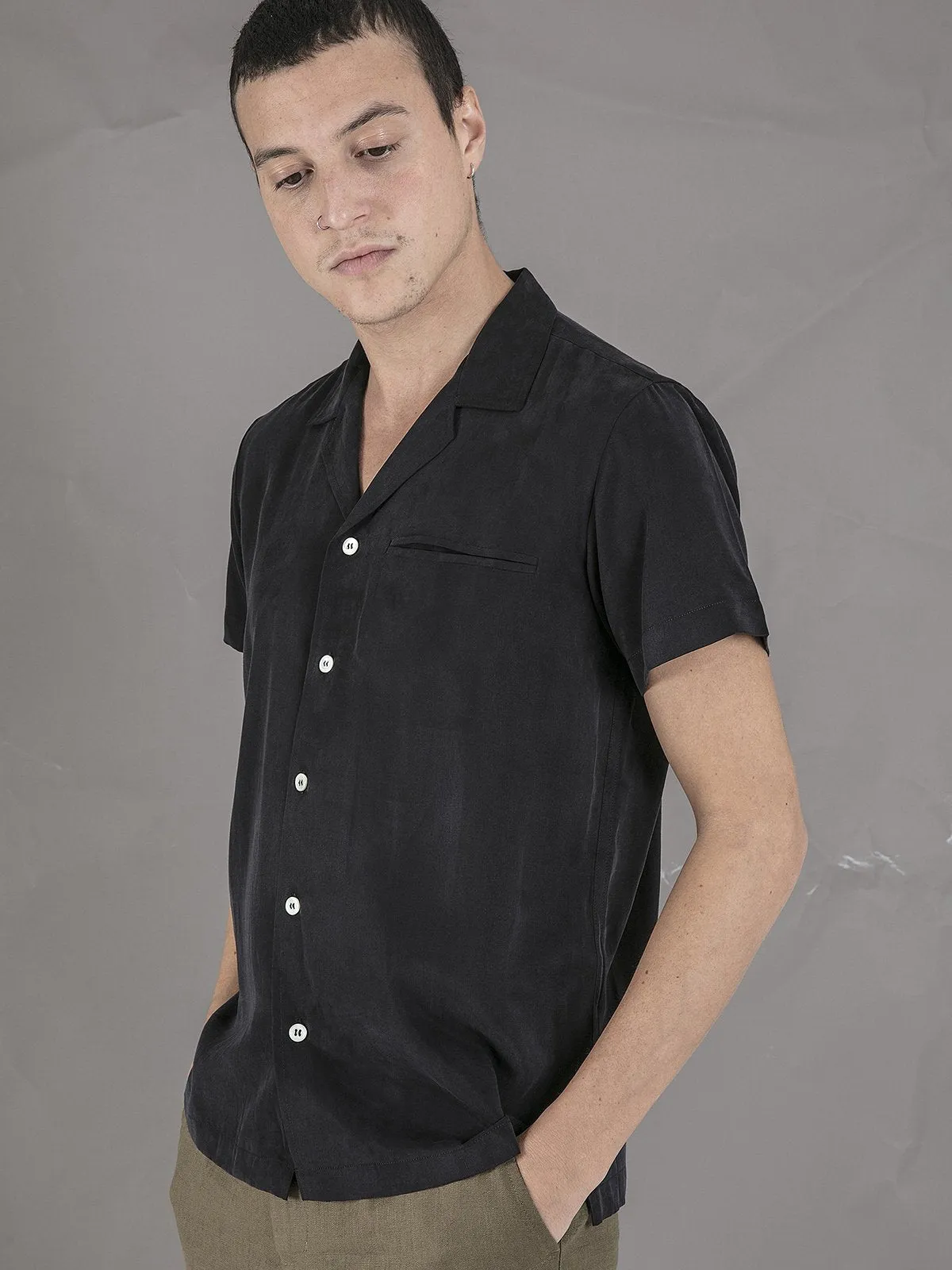 Short Sleeve Camp Collar Shirt - Black