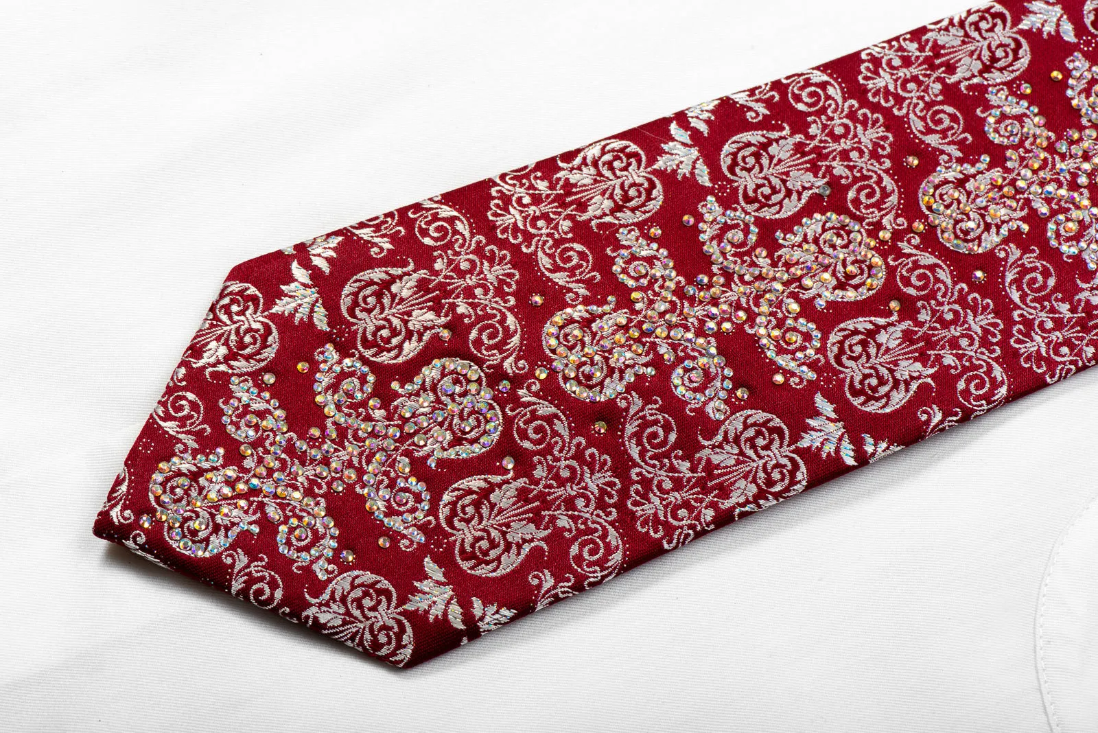 Silver Damask On Burgundy With Sparkles Rhinestone Silk Necktie