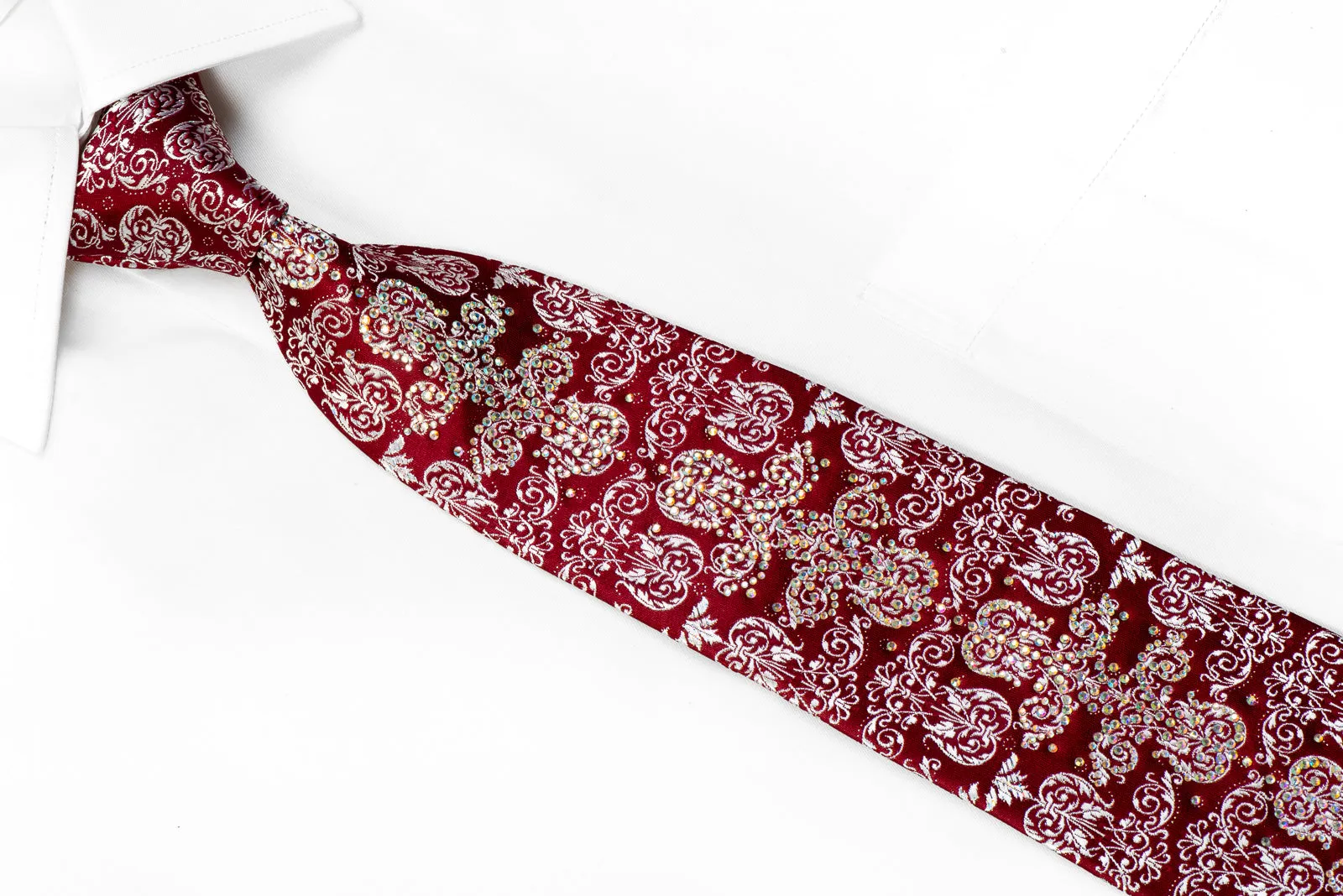 Silver Damask On Burgundy With Sparkles Rhinestone Silk Necktie