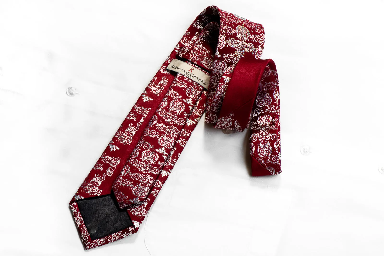 Silver Damask On Burgundy With Sparkles Rhinestone Silk Necktie