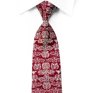 Silver Damask On Burgundy With Sparkles Rhinestone Silk Necktie