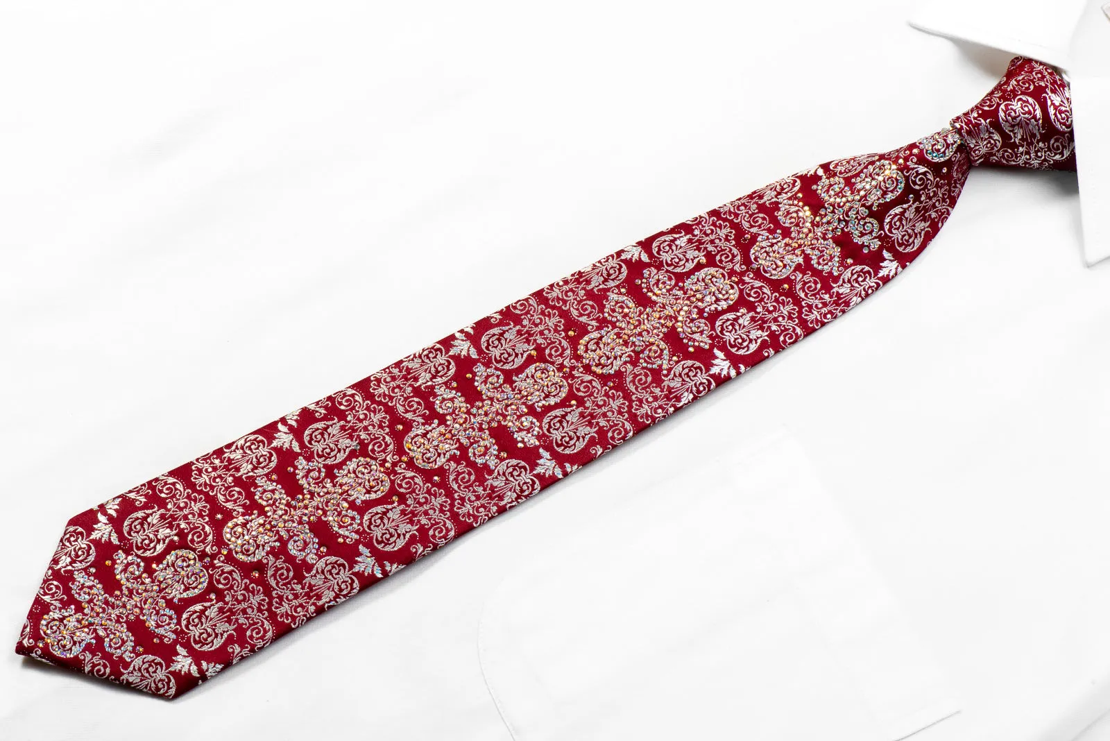 Silver Damask On Burgundy With Sparkles Rhinestone Silk Necktie