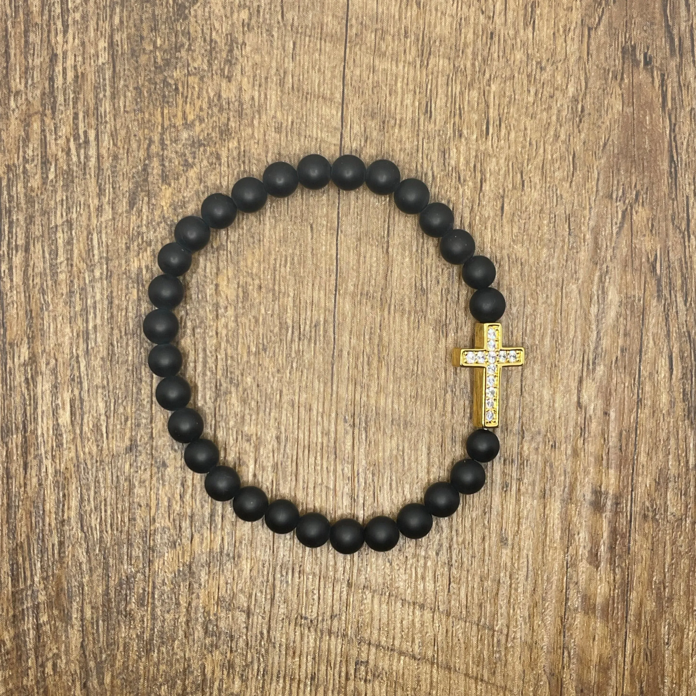 Small Gold Pave Cross Matte Black 6mm