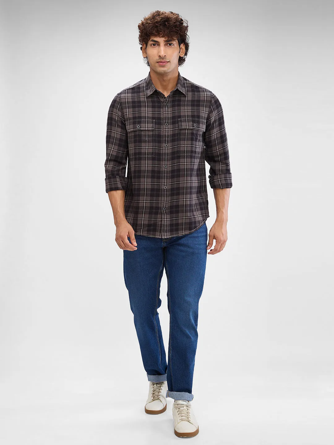 Spykar Cement Grey Cotton Full Sleeve Raised Collar Shirt For Men