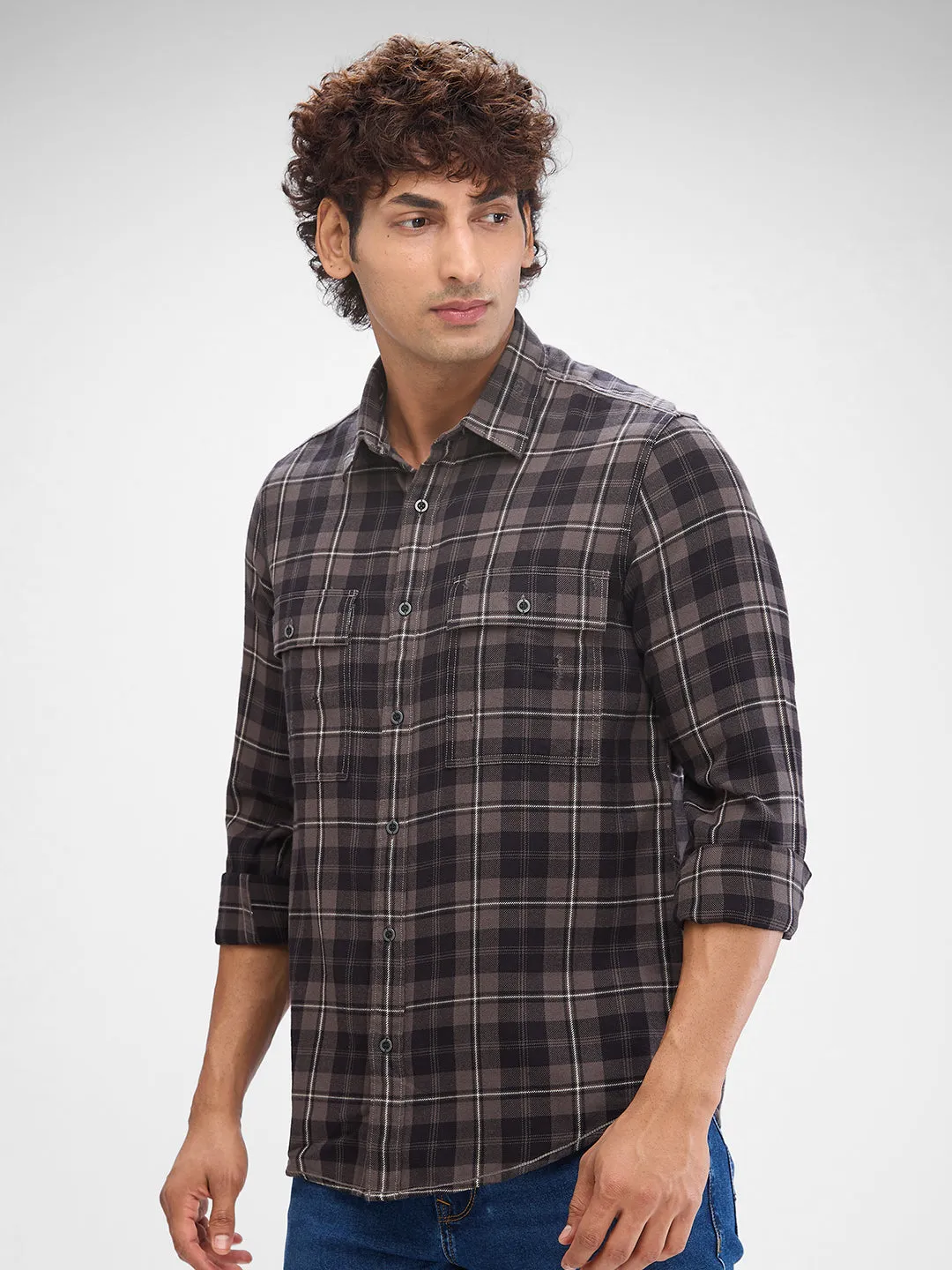 Spykar Cement Grey Cotton Full Sleeve Raised Collar Shirt For Men