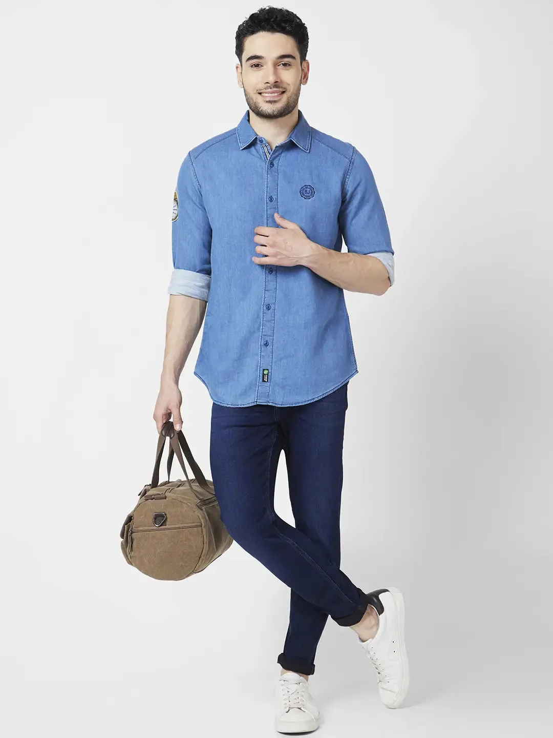 Spykar Men Light Blue Cotton Regular Slim Fit Full Sleeve Denim Shirt
