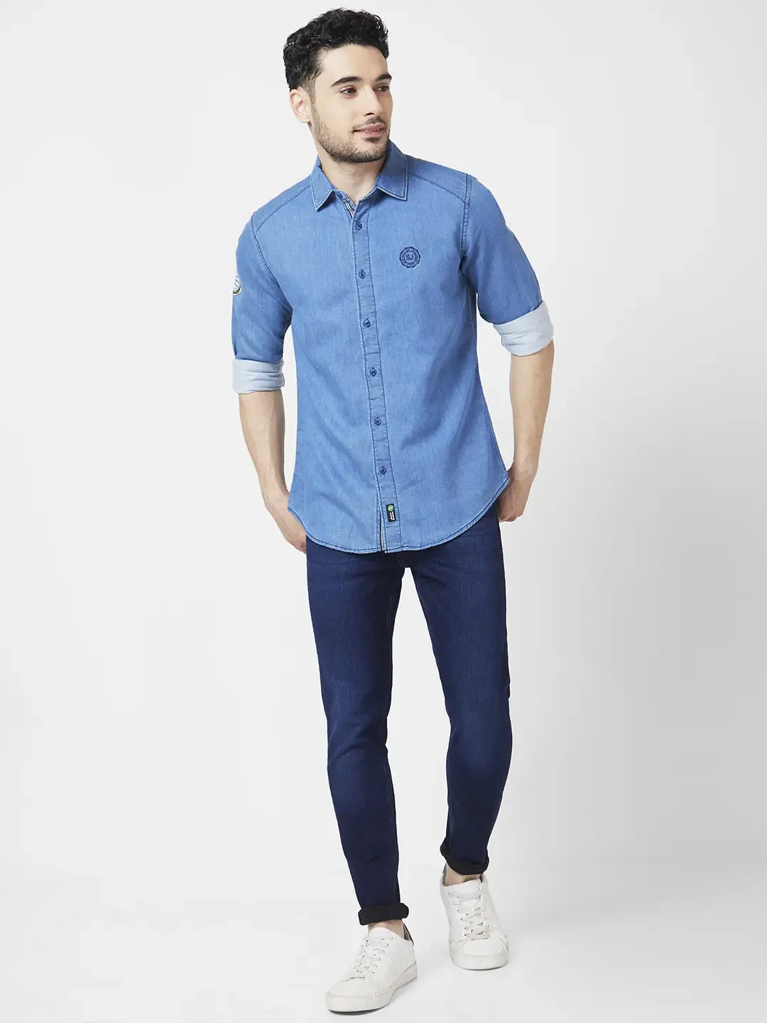 Spykar Men Light Blue Cotton Regular Slim Fit Full Sleeve Denim Shirt