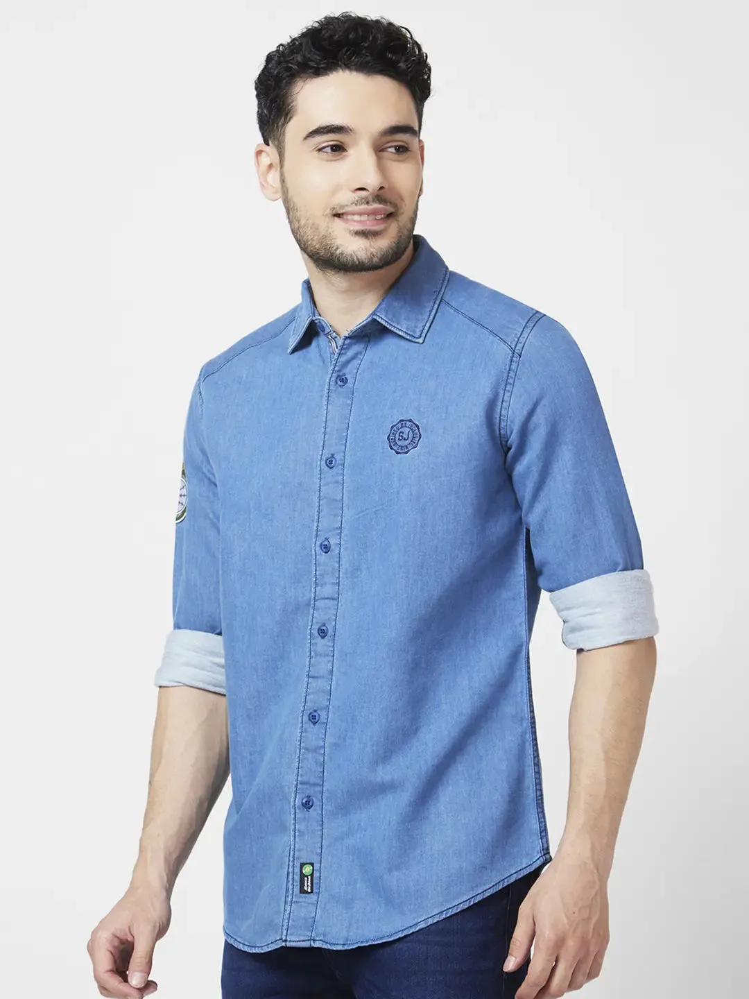 Spykar Men Light Blue Cotton Regular Slim Fit Full Sleeve Denim Shirt