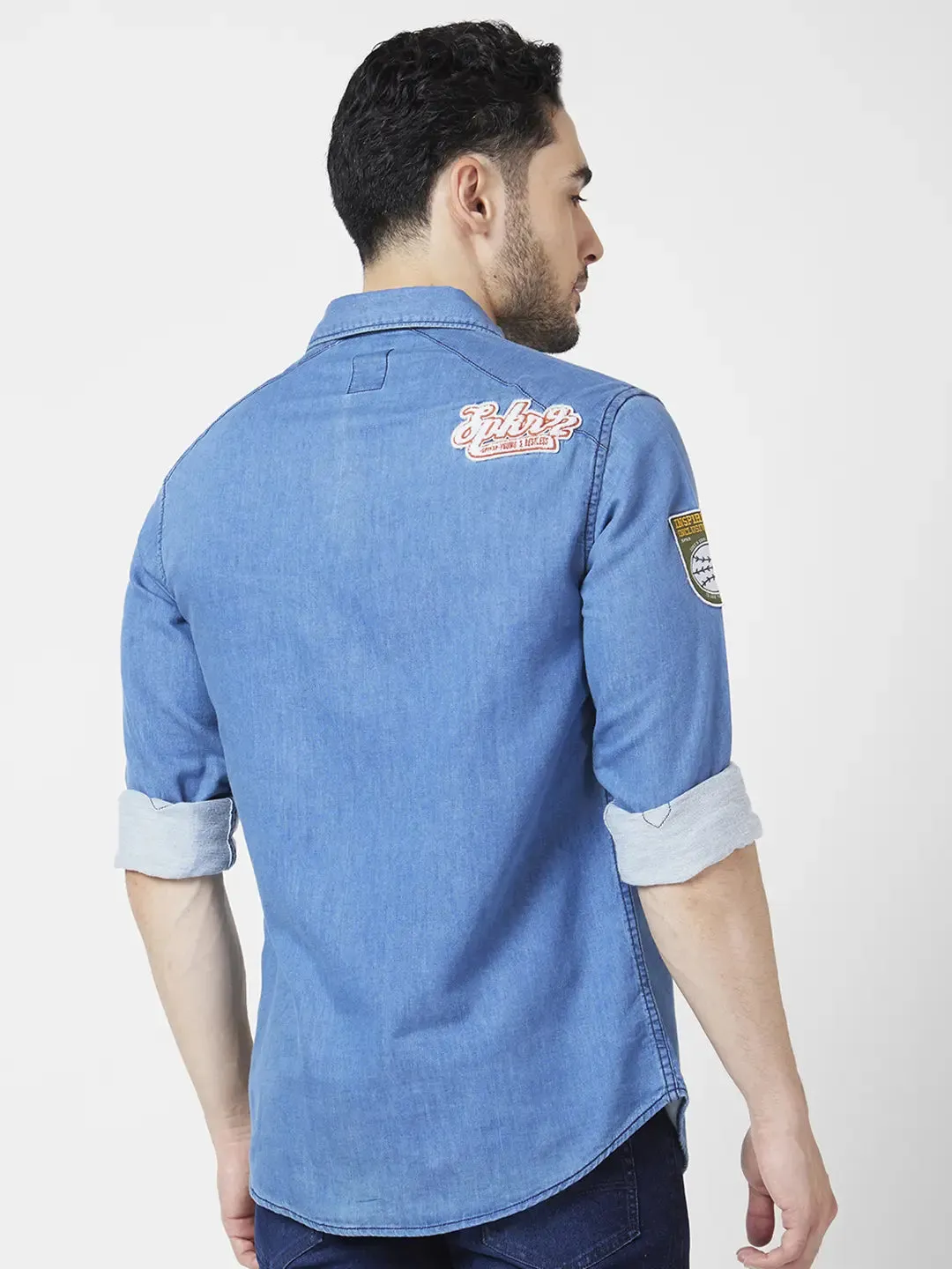 Spykar Men Light Blue Cotton Regular Slim Fit Full Sleeve Denim Shirt