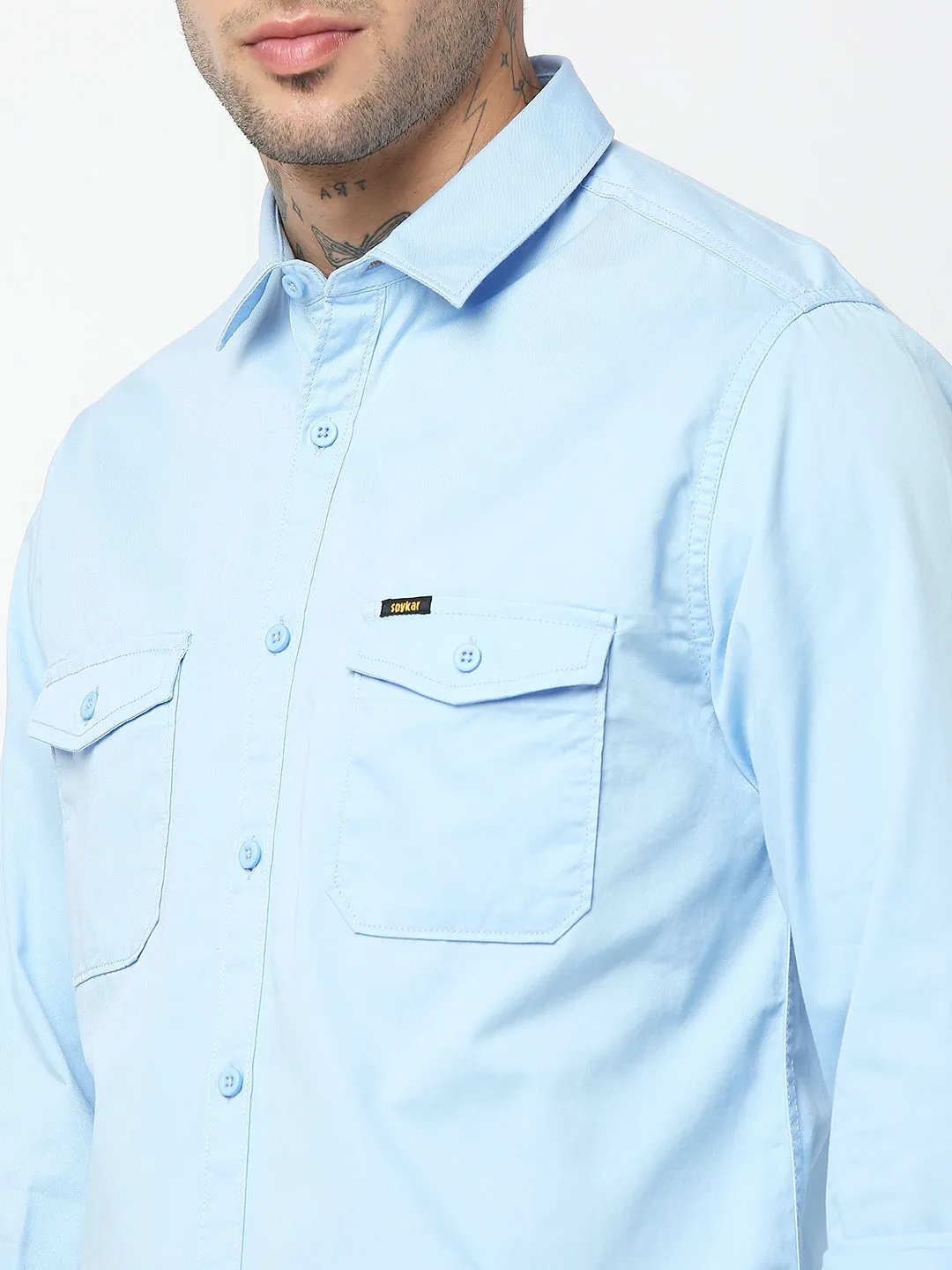 Spykar Men Light Blue Cotton Slim Fit Plain Shirts