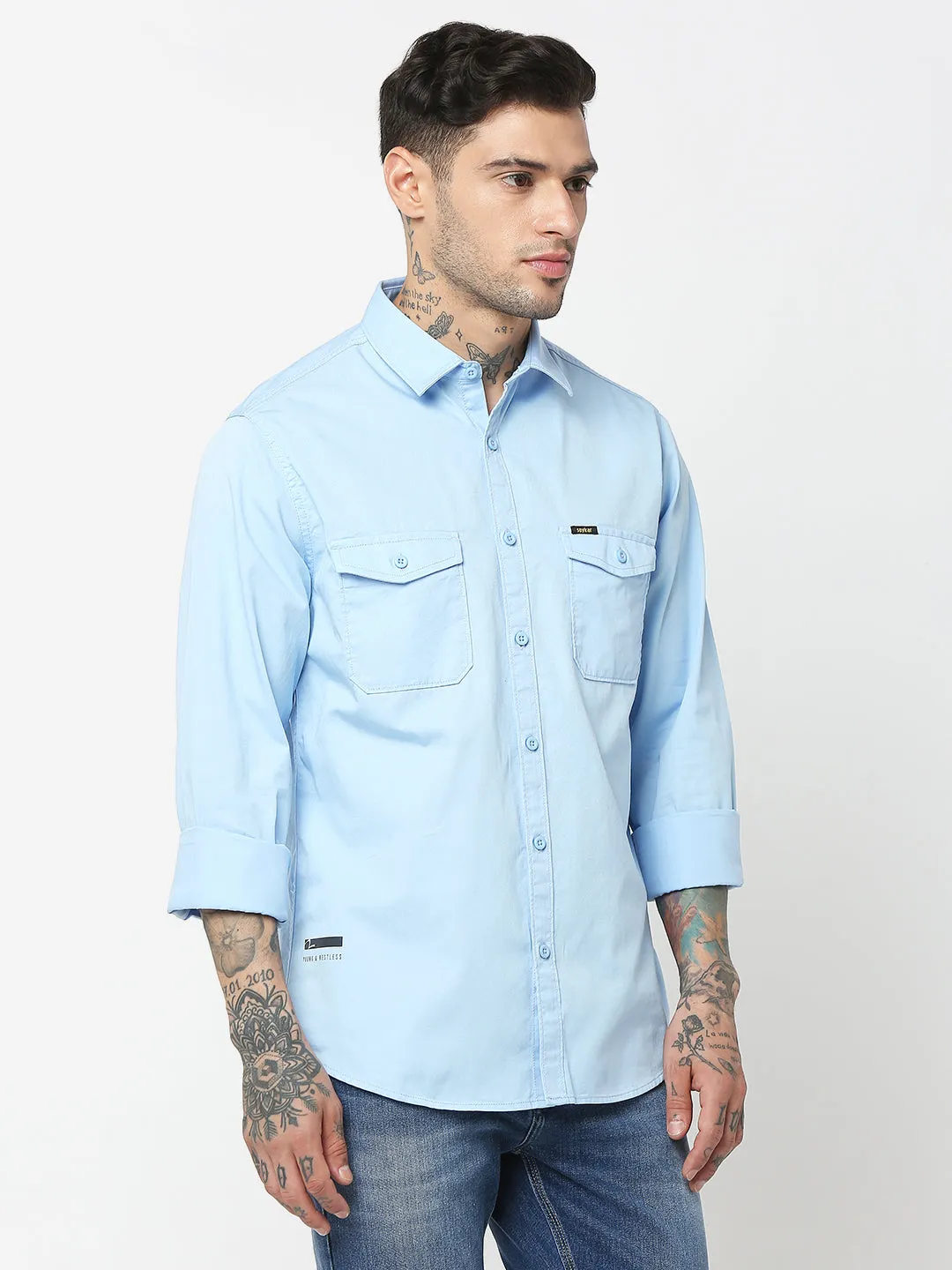 Spykar Men Light Blue Cotton Slim Fit Plain Shirts