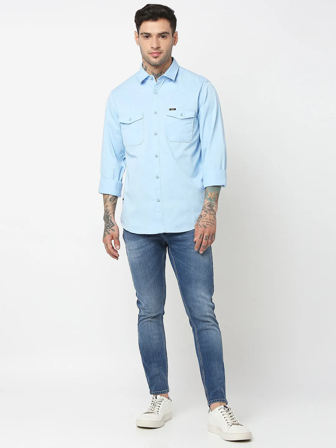 Spykar Men Light Blue Cotton Slim Fit Plain Shirts