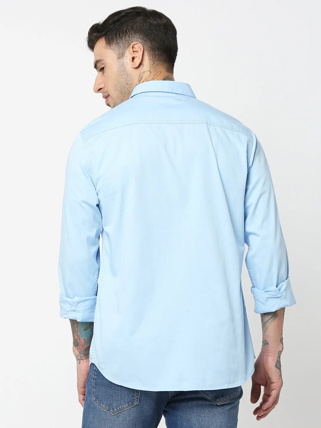Spykar Men Light Blue Cotton Slim Fit Plain Shirts