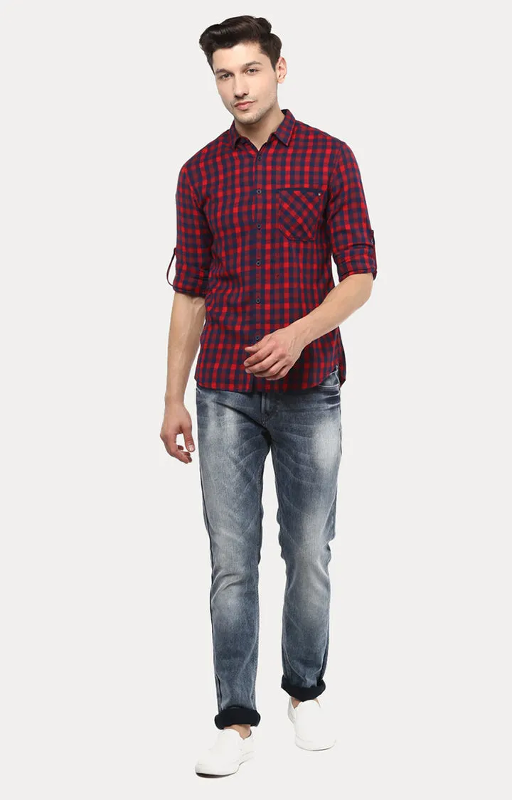 Spykar Men Red Cotton Slim Fit Checkered Shirts