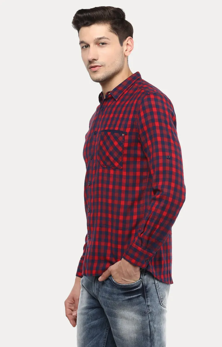 Spykar Men Red Cotton Slim Fit Checkered Shirts