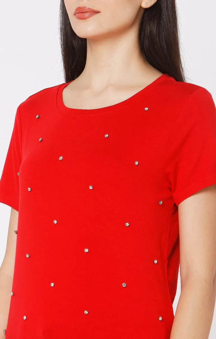Spykar Women Red Cotton Slim Fit Round Neck T-Shirt