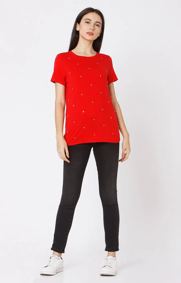 Spykar Women Red Cotton Slim Fit Round Neck T-Shirt