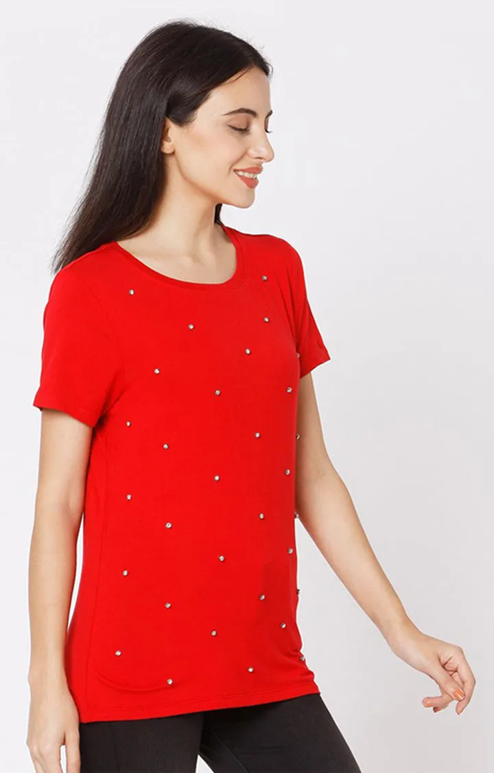 Spykar Women Red Cotton Slim Fit Round Neck T-Shirt