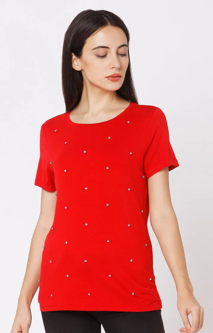 Spykar Women Red Cotton Slim Fit Round Neck T-Shirt