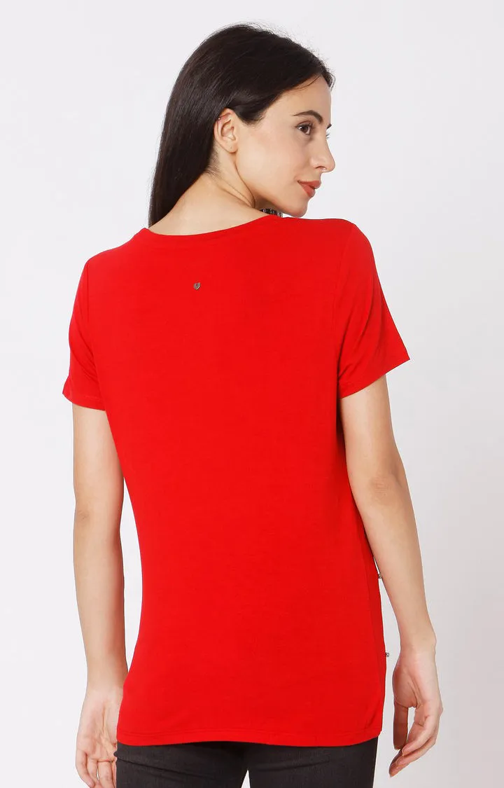 Spykar Women Red Cotton Slim Fit Round Neck T-Shirt