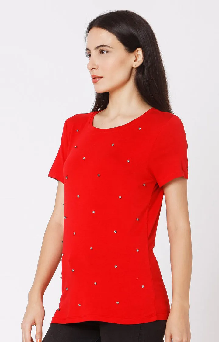 Spykar Women Red Cotton Slim Fit Round Neck T-Shirt