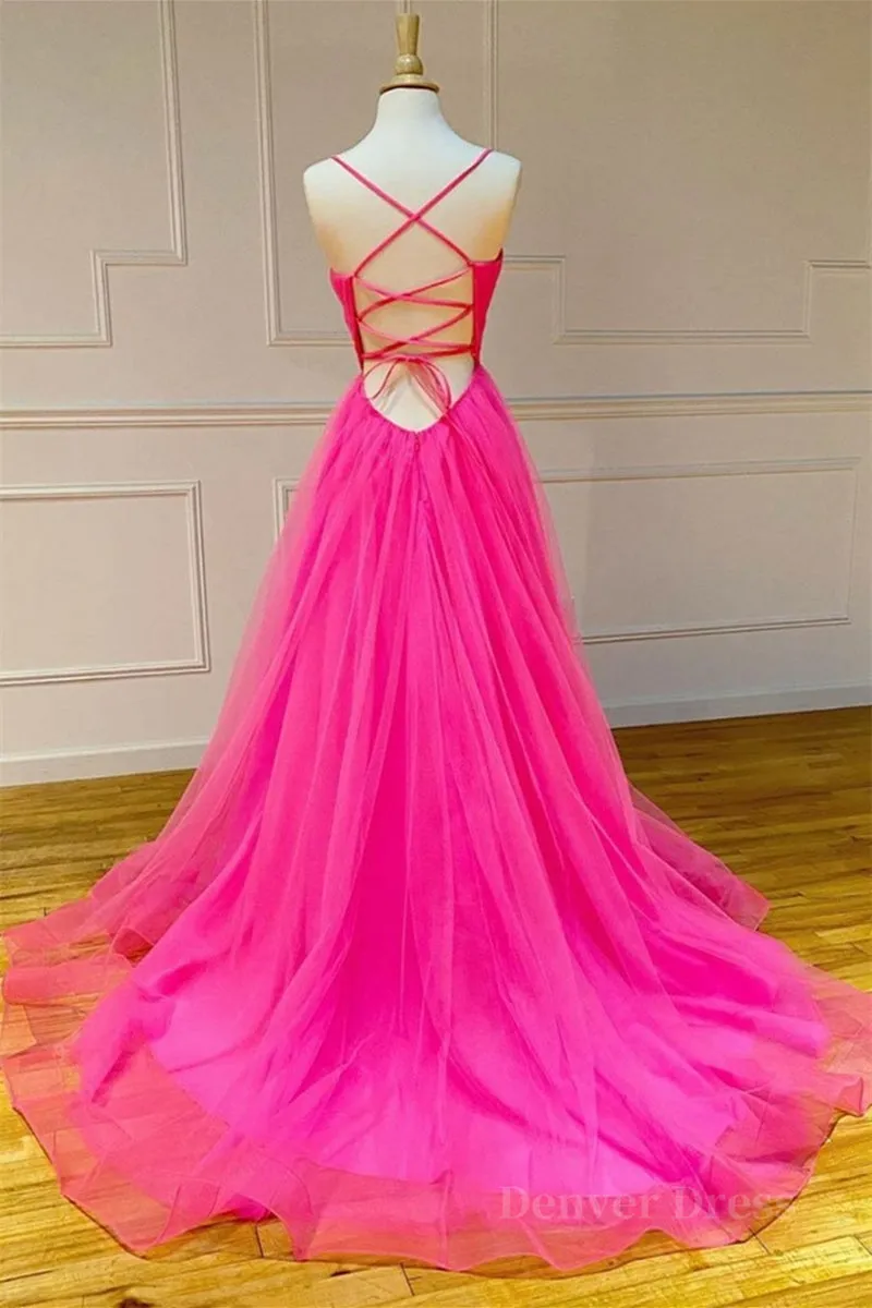 Stylish A Line V Neck Backless Hot Pink Long Prom Dress Backless Hot Pink Formal Graduation Evening Dress