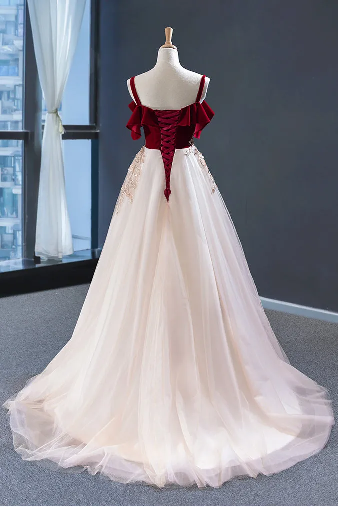 Uniquedresss Vintage Red Straps Tulle Formal Dress Elegant Applique Prom Dress