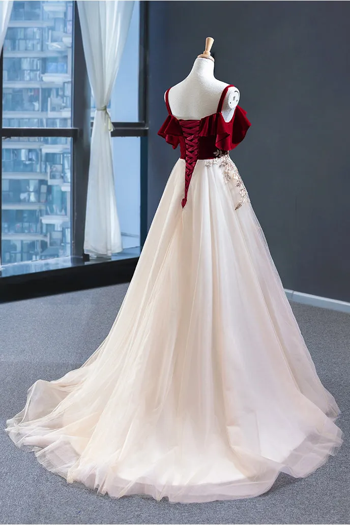 Uniquedresss Vintage Red Straps Tulle Formal Dress Elegant Applique Prom Dress