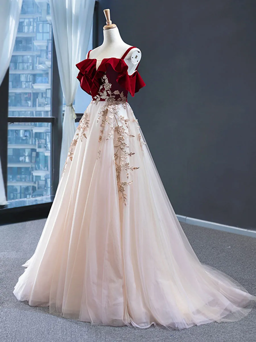 Uniquedresss Vintage Red Straps Tulle Formal Dress Elegant Applique Prom Dress