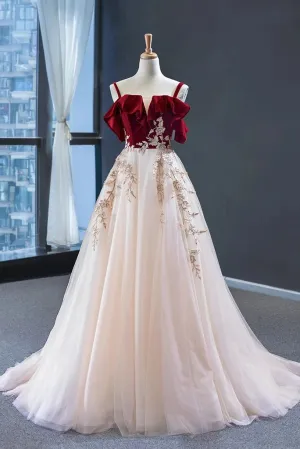 Uniquedresss Vintage Red Straps Tulle Formal Dress Elegant Applique Prom Dress