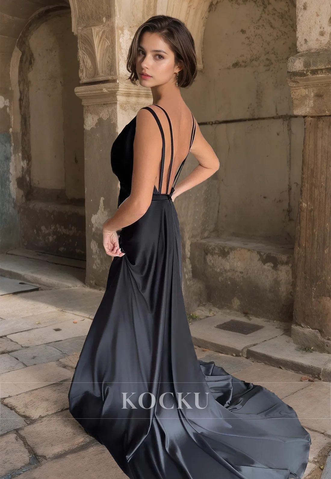 V-Neck Sheath Straps Sleeveless Sweep Train Pleated Satin Prom Dress Formal Gown with High Slit