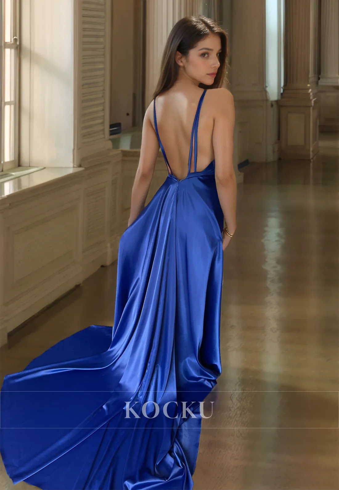 V-Neck Sheath Straps Sleeveless Sweep Train Pleated Satin Prom Dress Formal Gown with High Slit