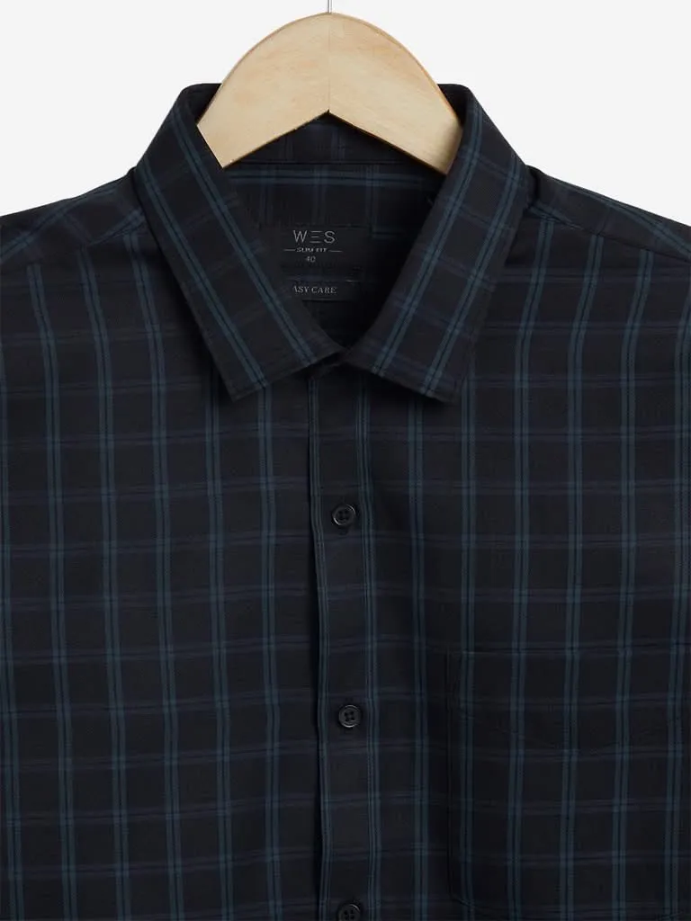 WES Formals Black Checkered Slim-Fit Shirt