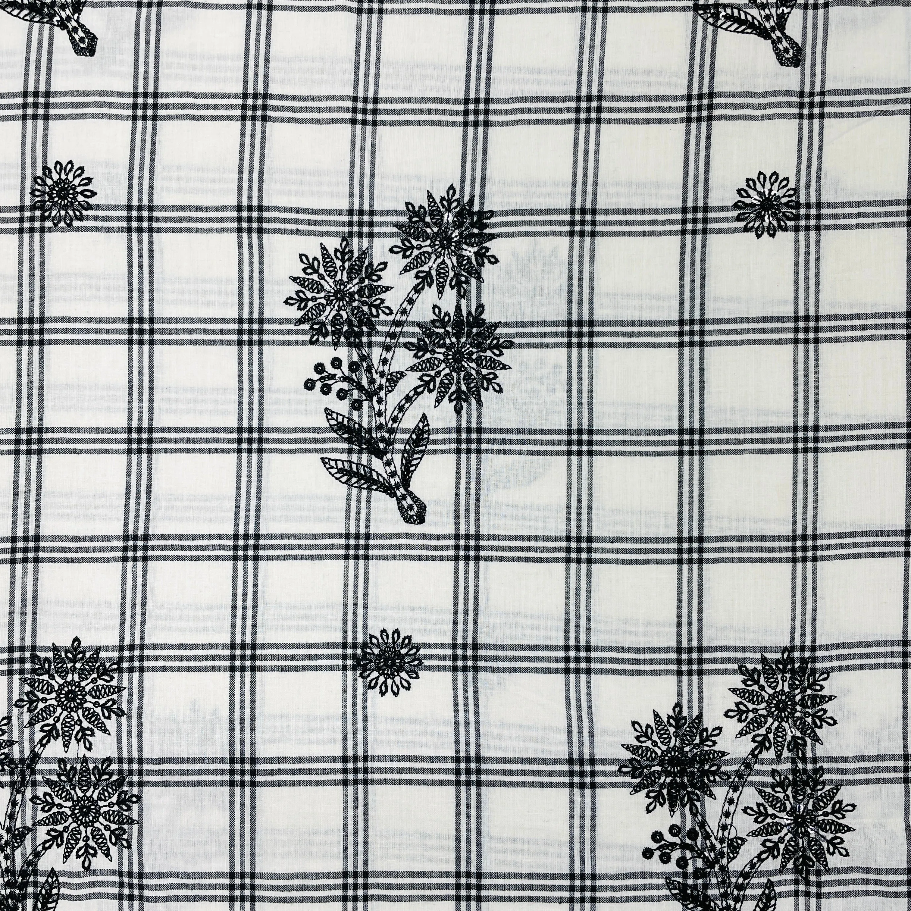 White & Black Check & Floral Sequins Thread Embroidery PF-9291