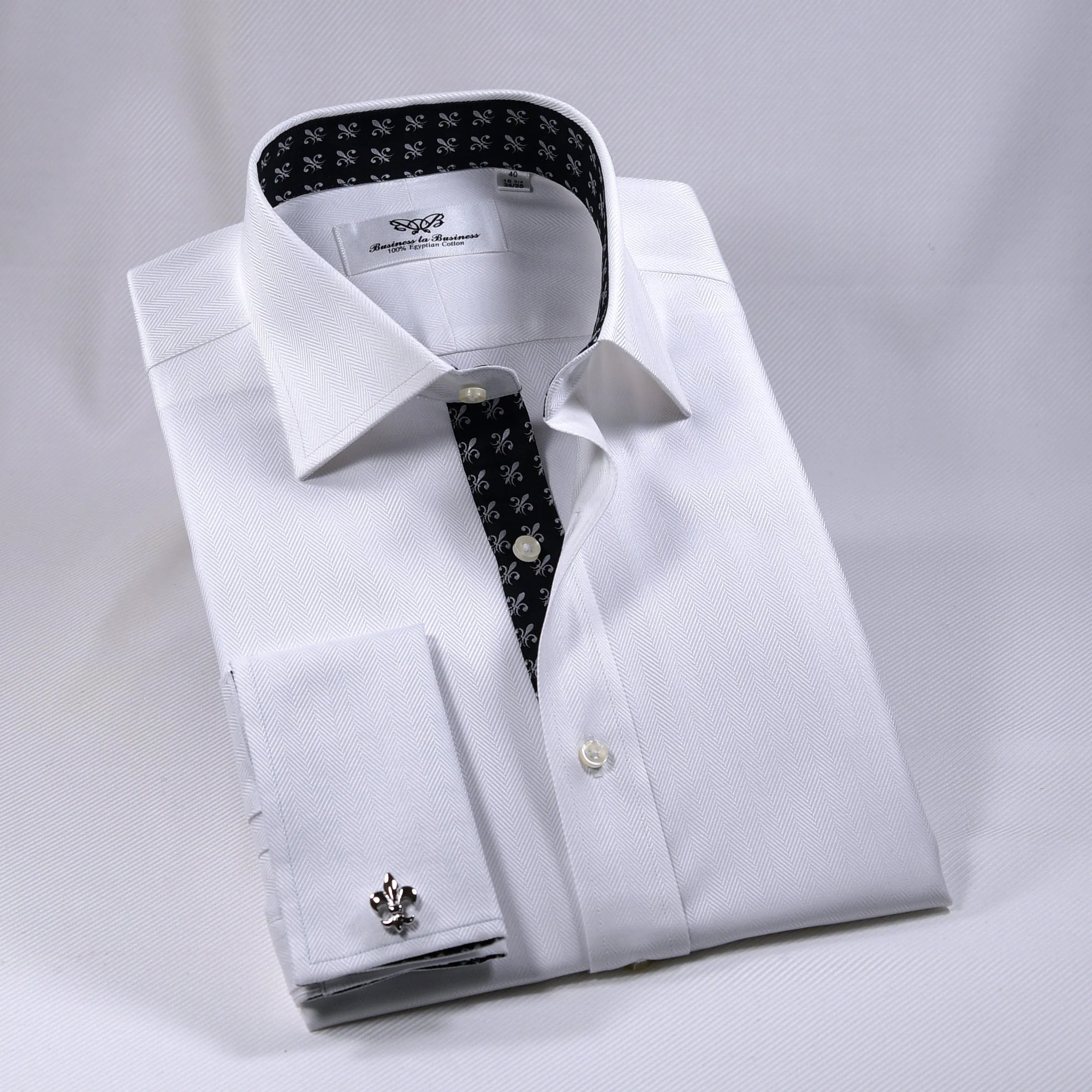 White Herringbone Professional Dress Shirt in Double French Cuff in All Sizes (Free Shipping Within America)