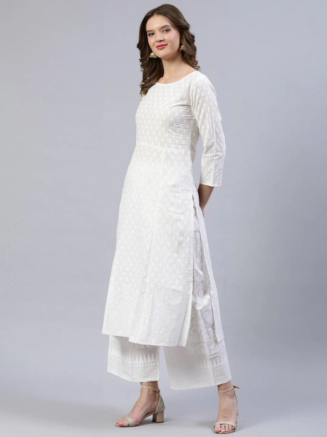 Women Off-White Printed A- Line Kurta With Palazo & Dupatta