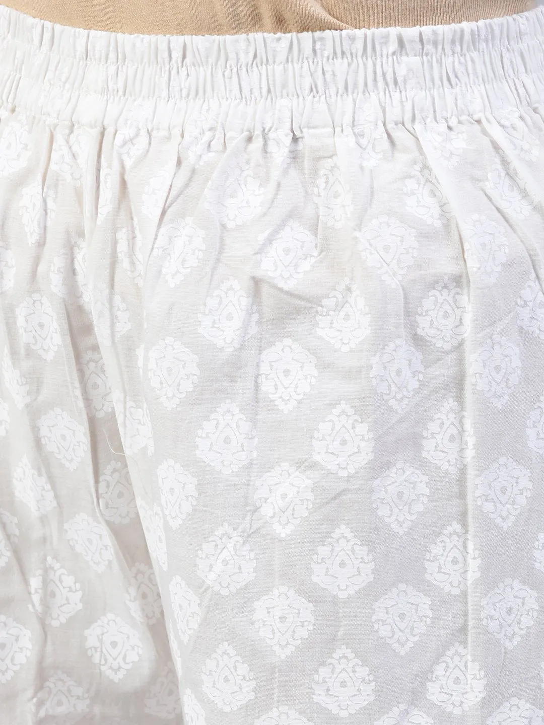 Women Off-White Printed A- Line Kurta With Palazo & Dupatta