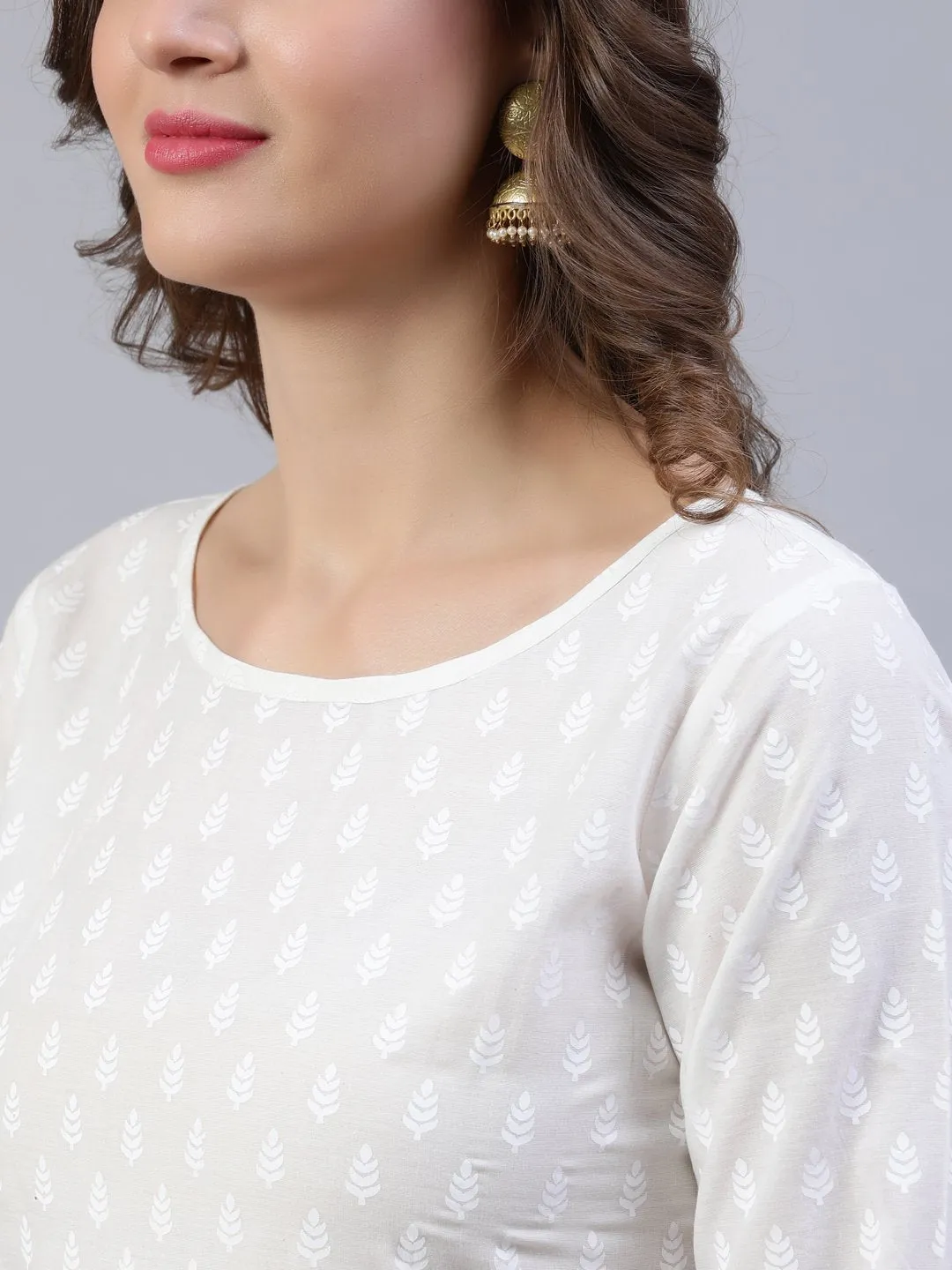 Women Off-White Printed A- Line Kurta With Palazo & Dupatta
