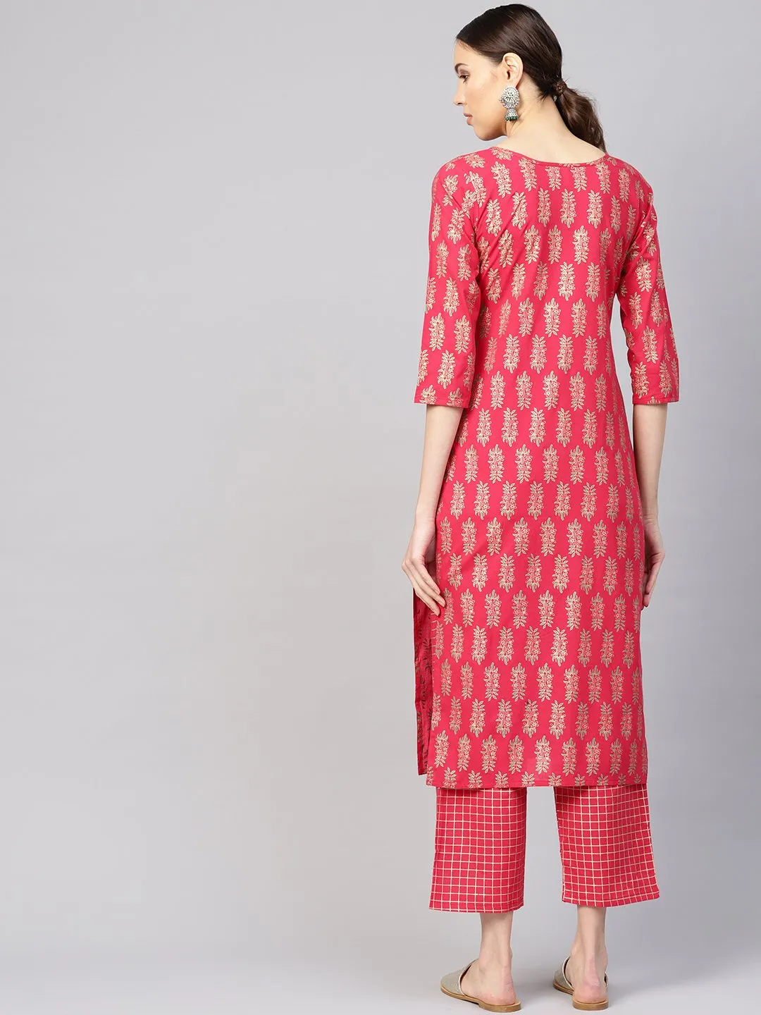 Women Red & Golden Printed Kurta With Trousers