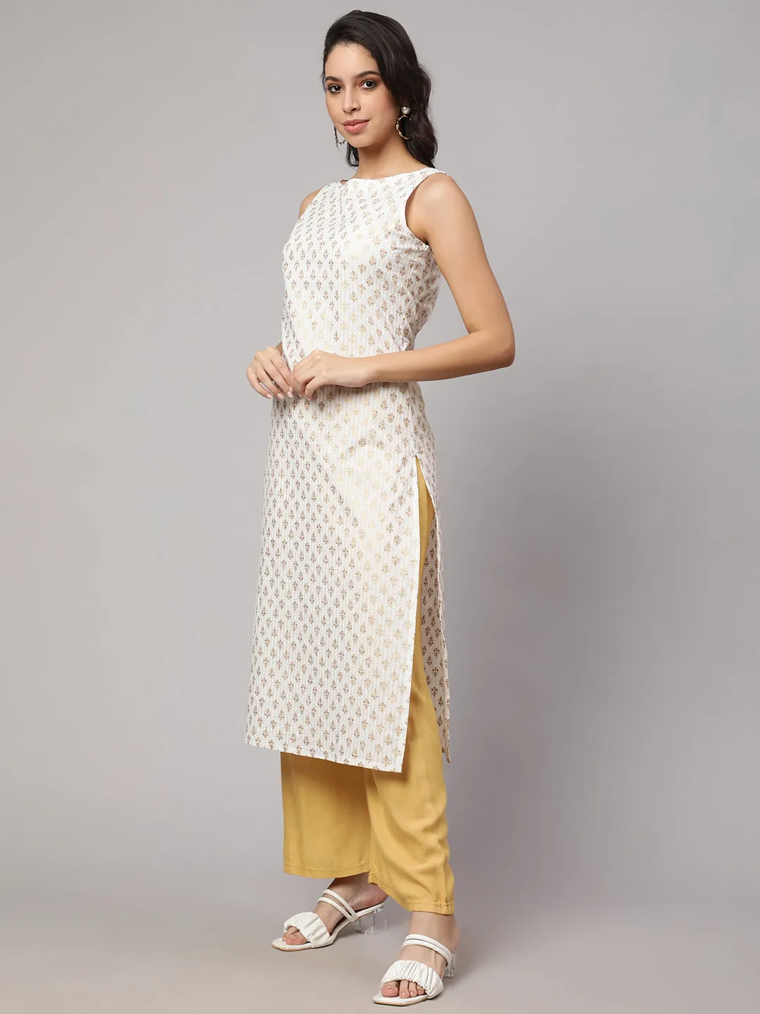 Women White Gold Printed Straight Sleeveless Kurta