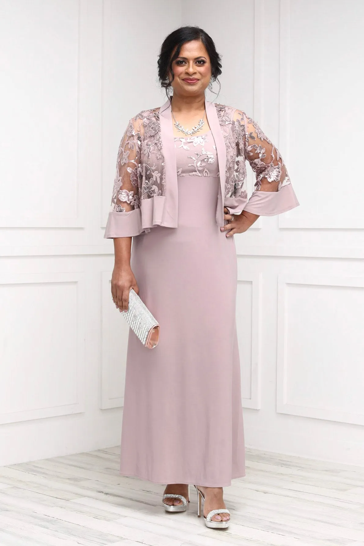 Women's 2 Piece Sequin Lace Jacket Long Dress