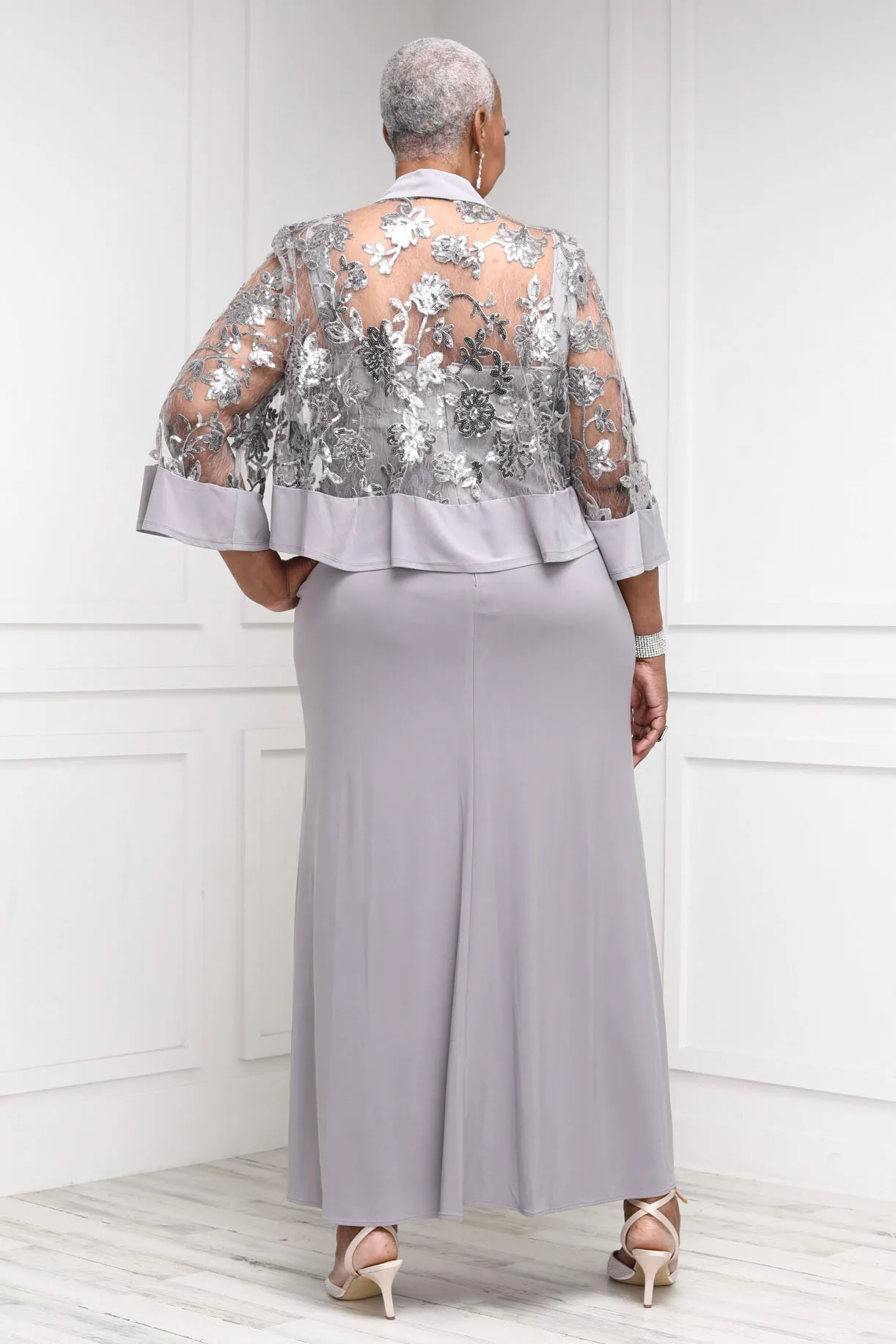 Women's 2 Piece Sequin Lace Jacket Long Dress