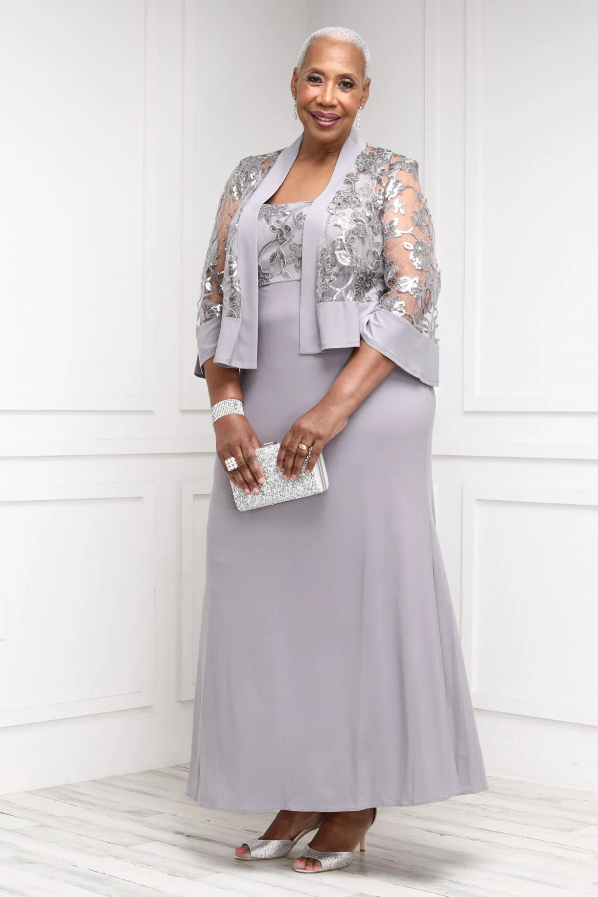 Women's 2 Piece Sequin Lace Jacket Long Dress